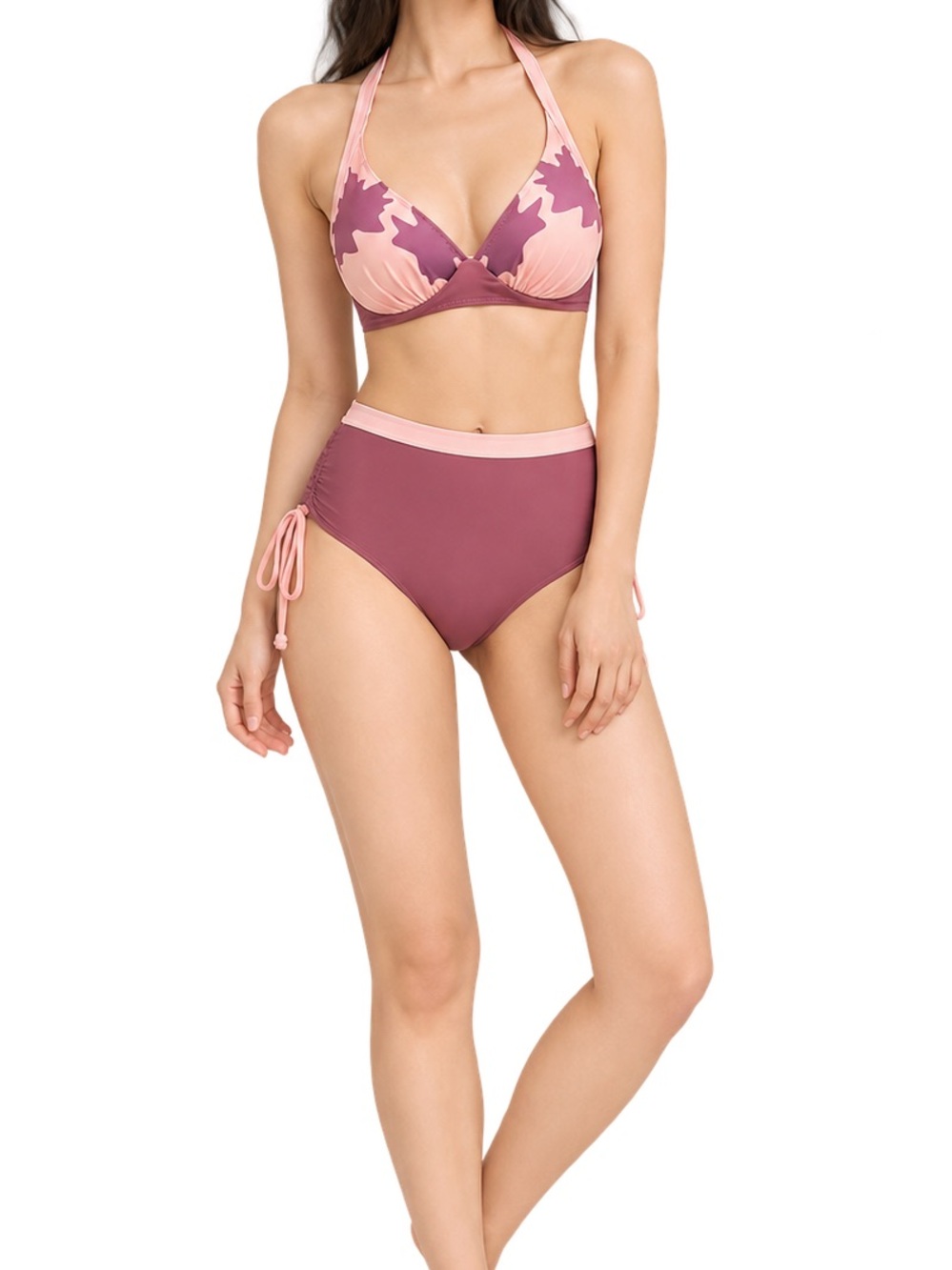 3Pcs High-Waist Halter Bikini Set in Dusty Rose & Blush